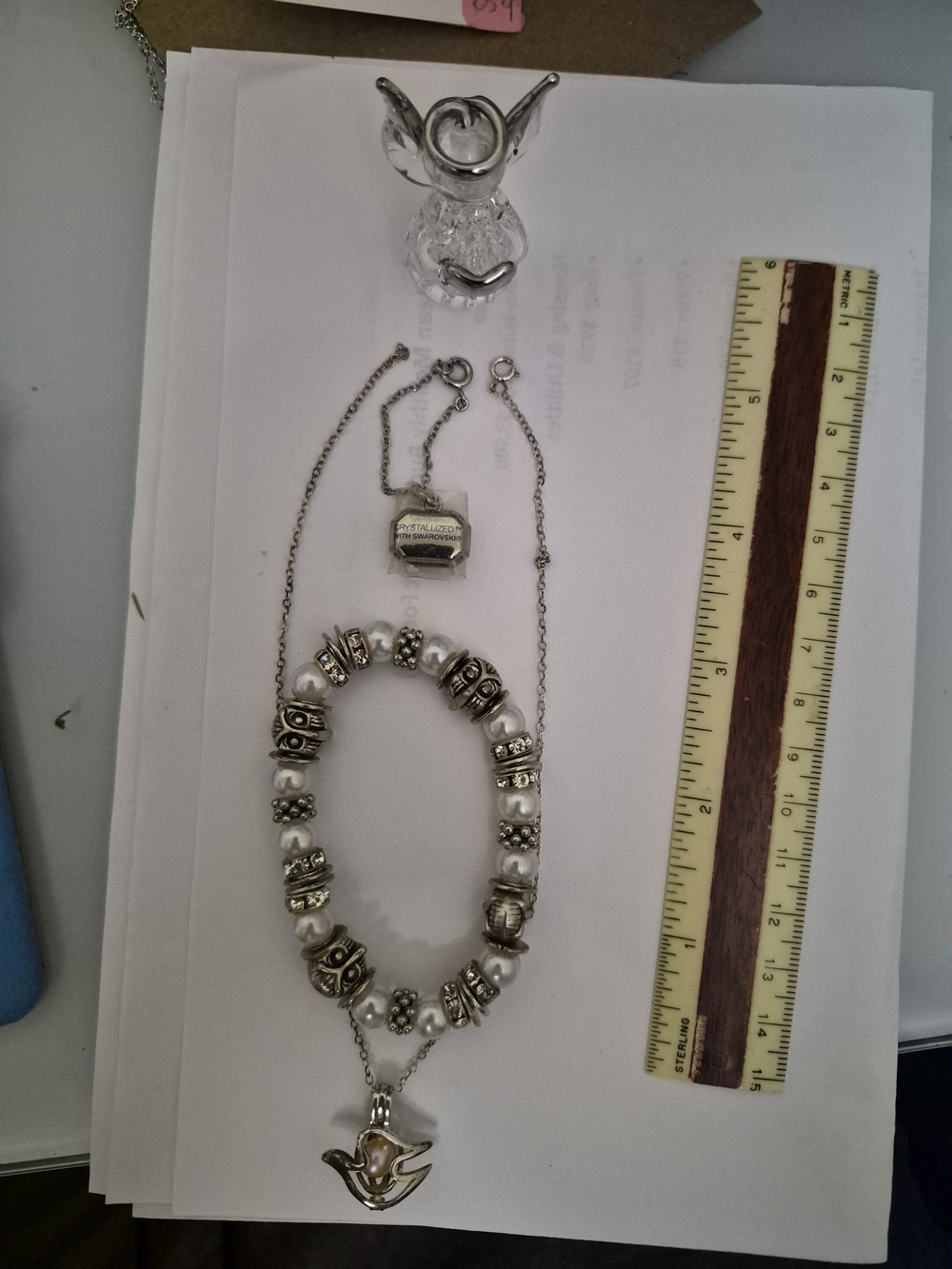 Silver-Tone Pearl Bead Necklace with Dove Pendant - Women